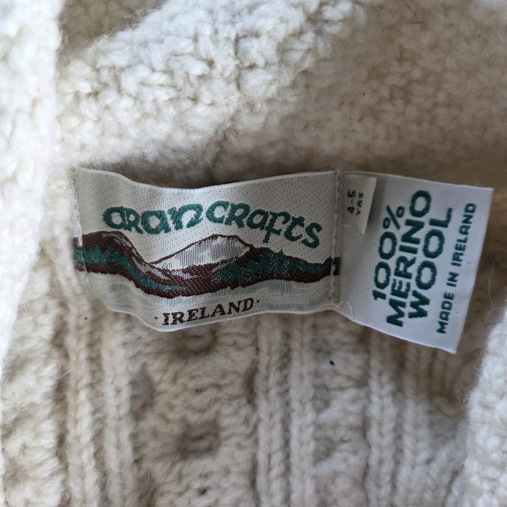 Vtg Aran Crafts Merino Wool Sweater Kids 4-5 Cardigan Cable Knit Ireland